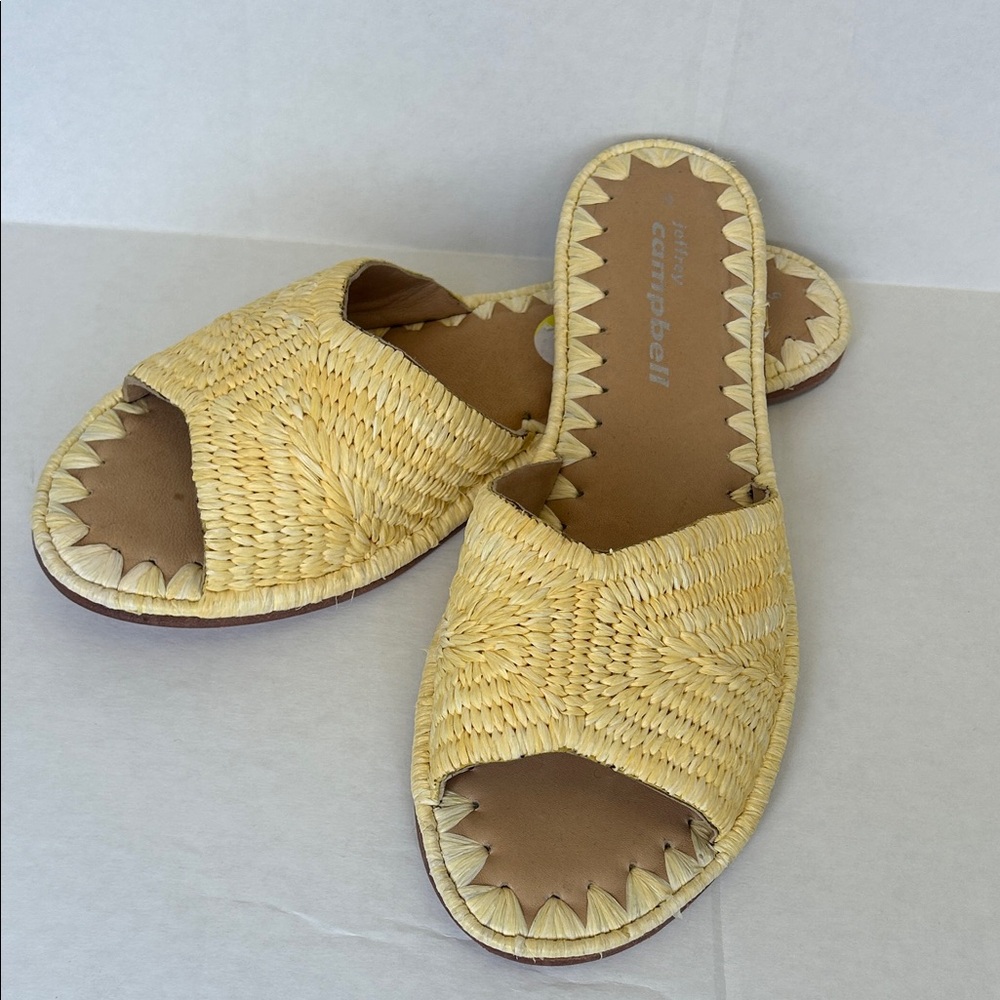Jeffrey Campbell Yellow Woven Espadrille Slides size 9 but fits like a 8, 8.5